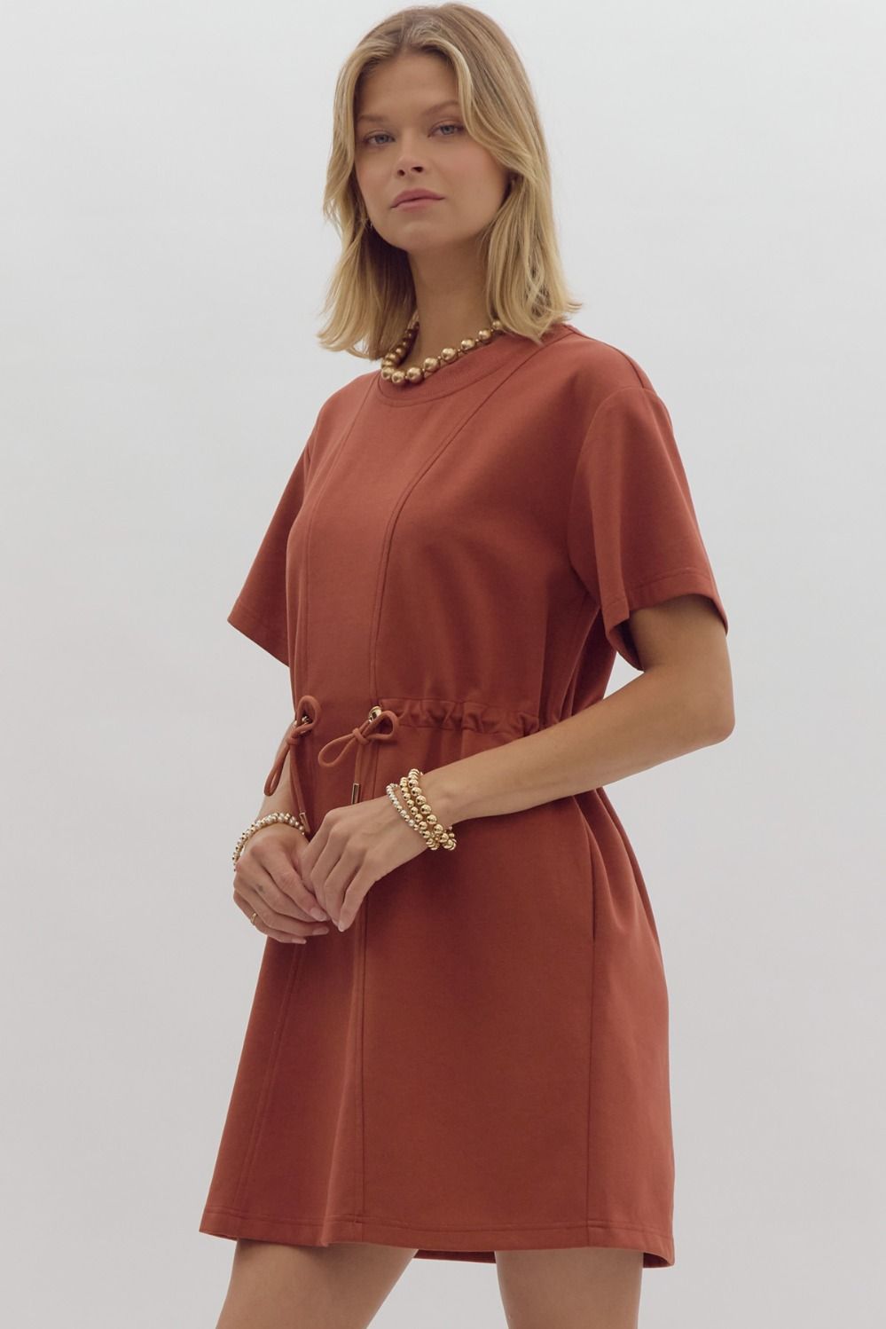 *Solid Round Neck Short Sleeve Mini Dress - Chestnut