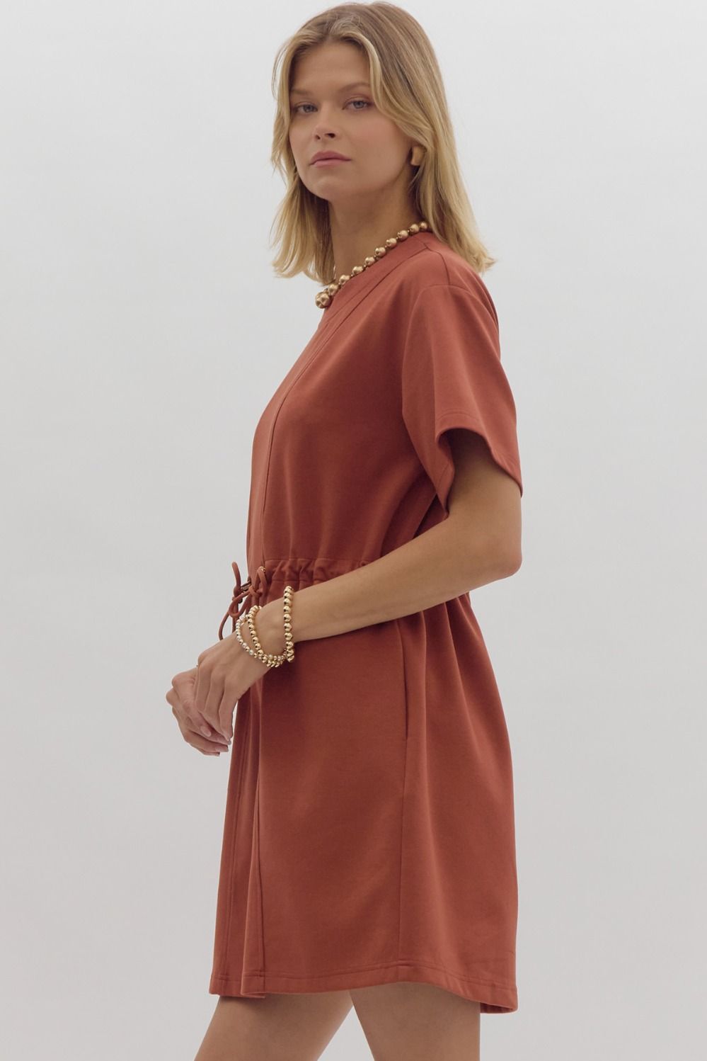 *Solid Round Neck Short Sleeve Mini Dress - Chestnut