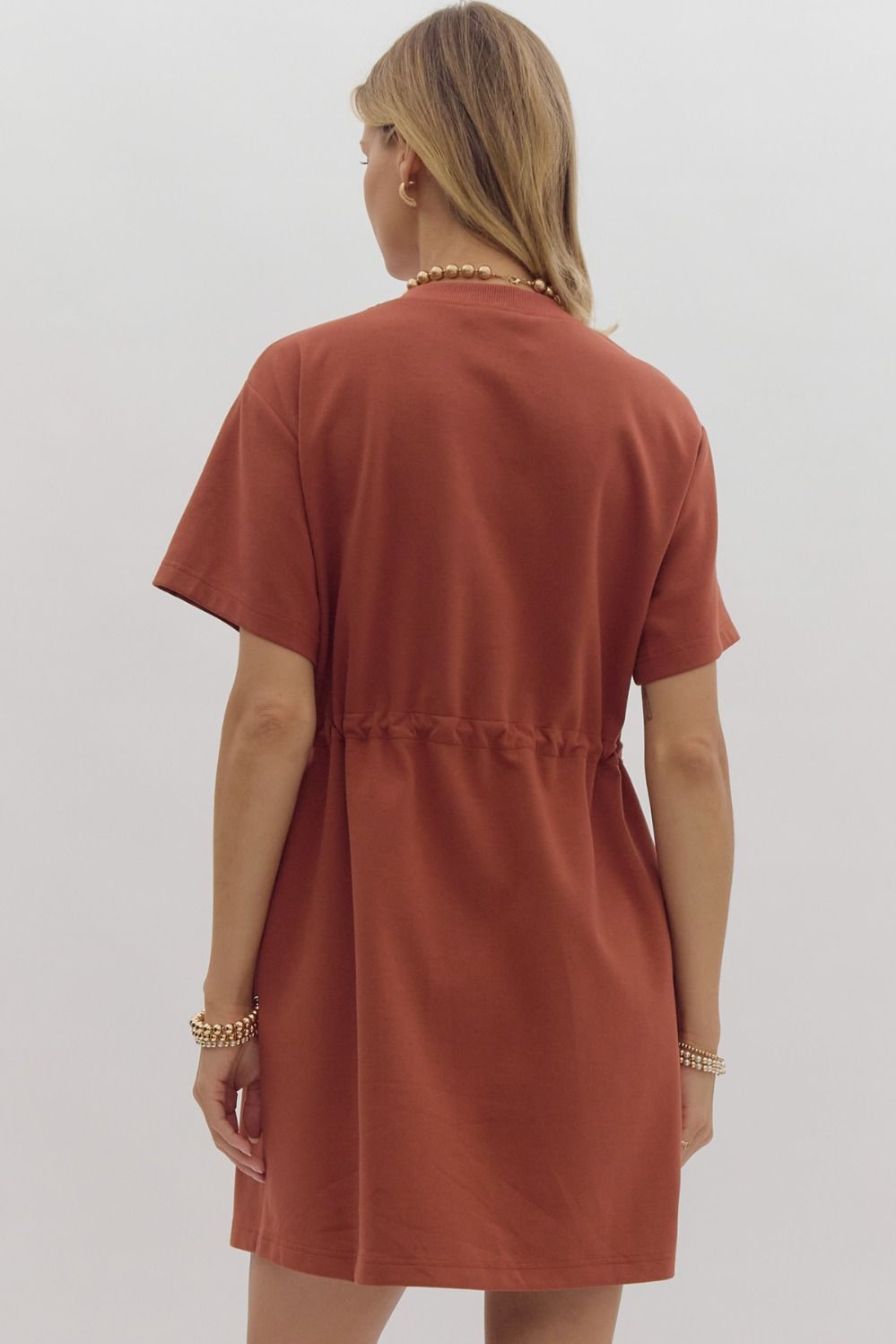 *Solid Round Neck Short Sleeve Mini Dress - Chestnut