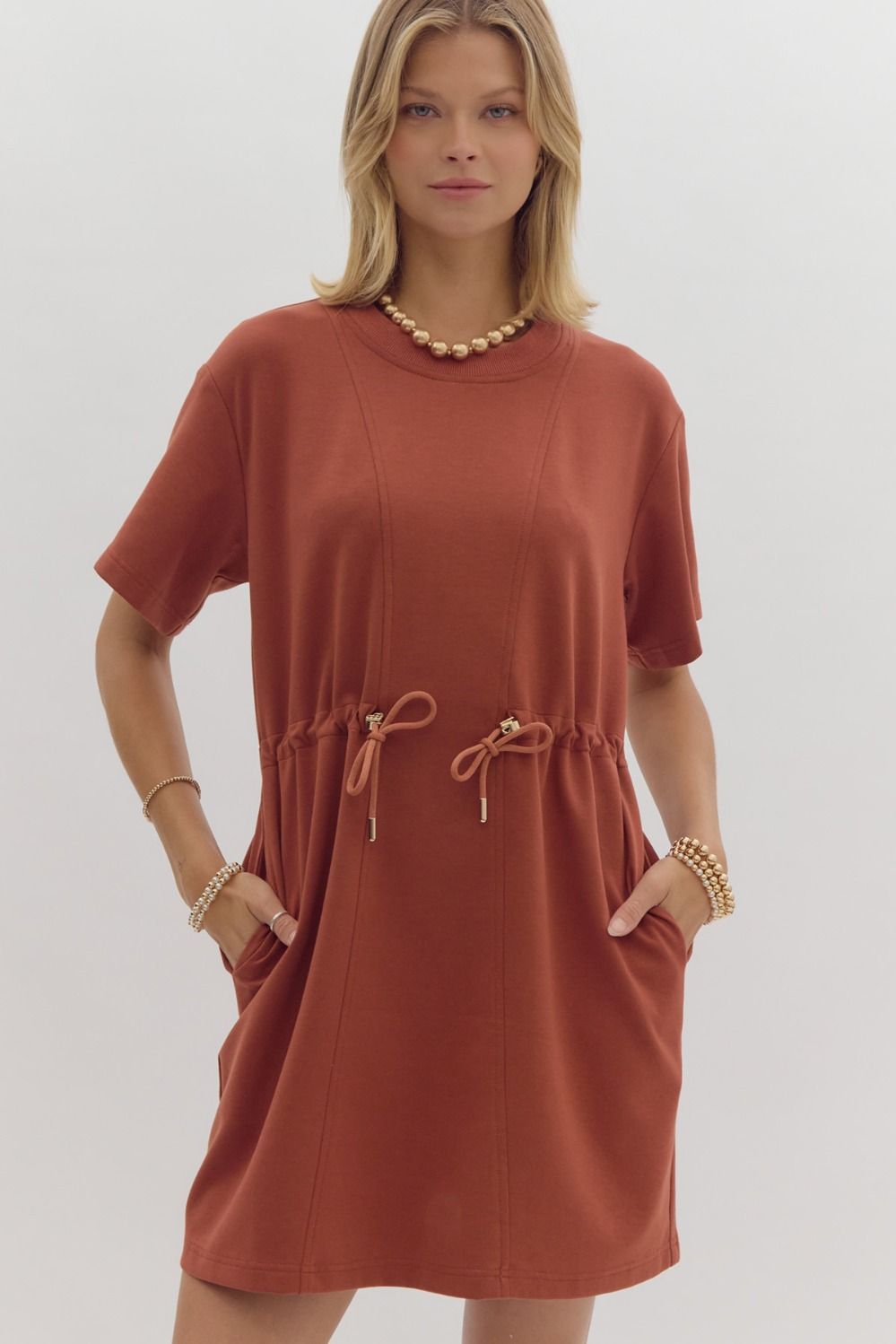 *Solid Round Neck Short Sleeve Mini Dress - Chestnut