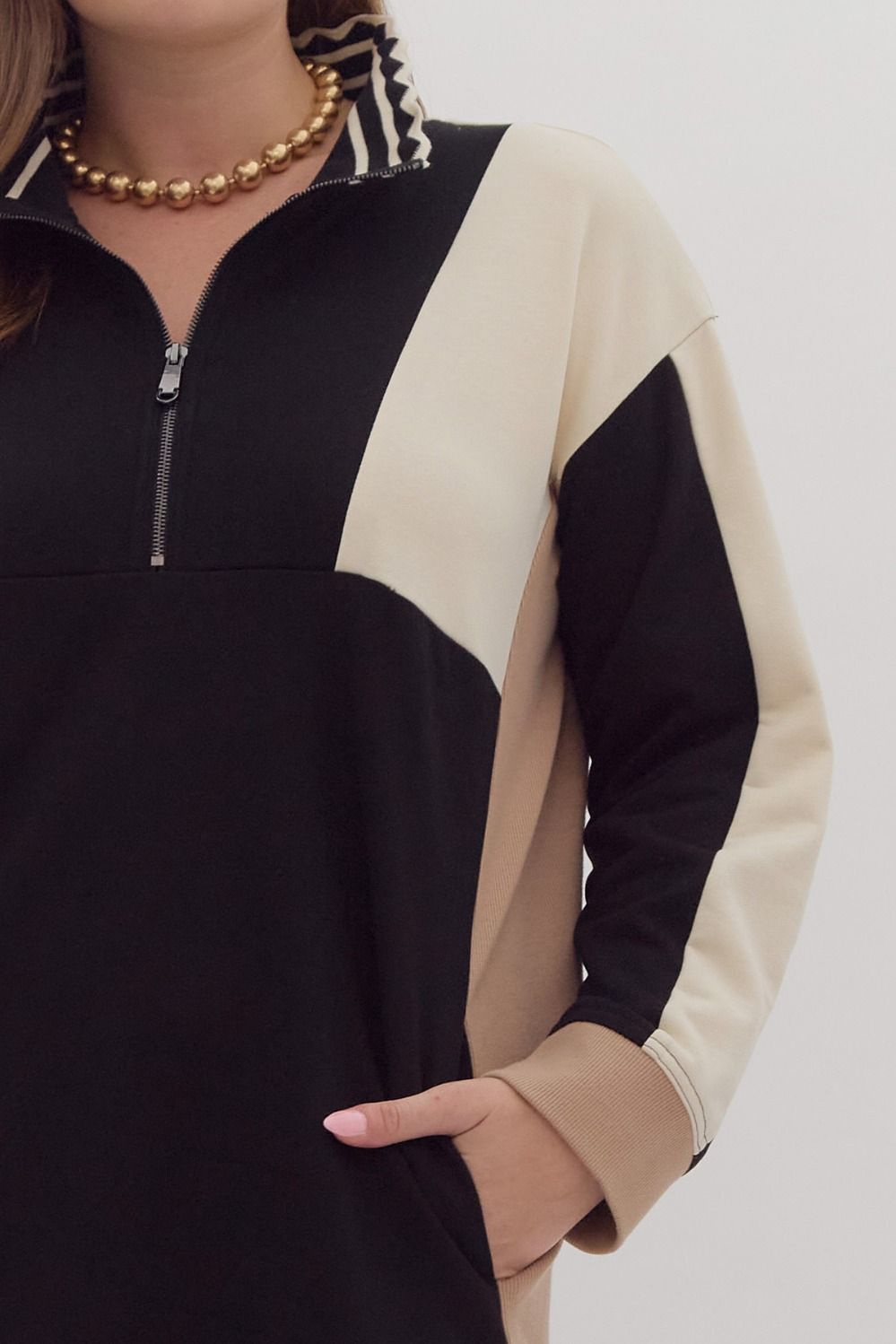 *Plus Size Colorblock long sleeve collared mini dress