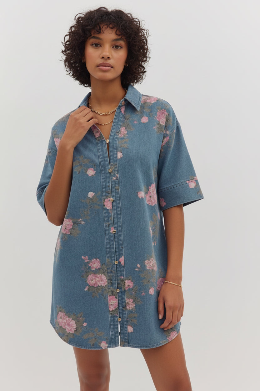Floral print elbow-length sleeve denim shirt dress