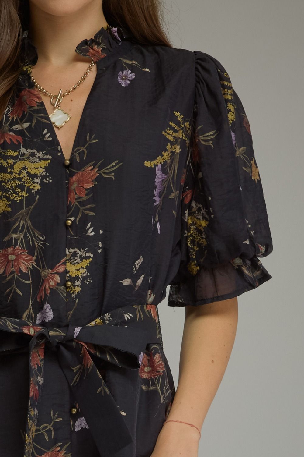 Floral short puff sleeve mini Dress - Black