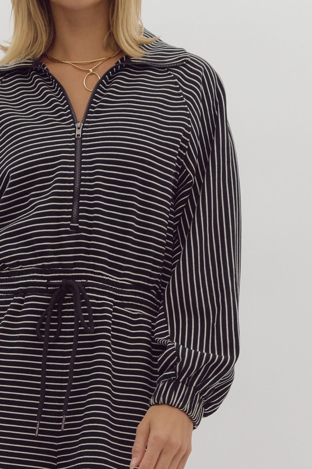 *Stripe long sleeve half zip romper