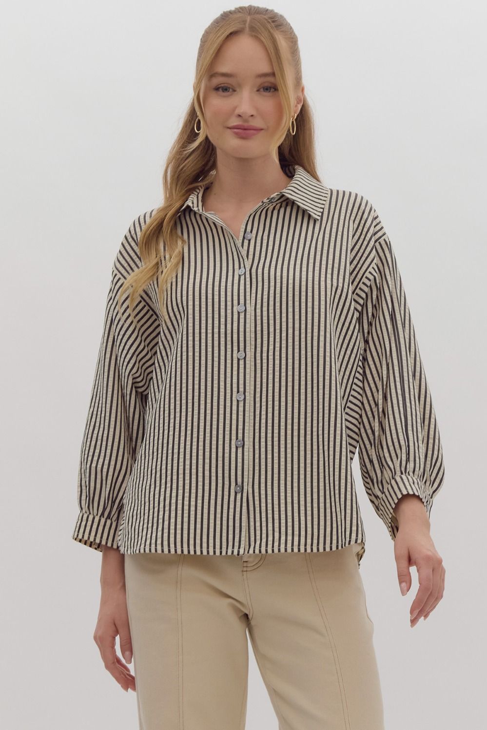 *Stripe 3/4 Sleeve Button Down Collared Top