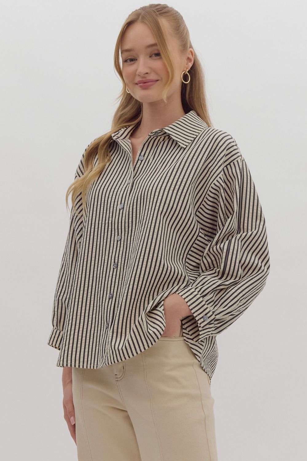 *Stripe 3/4 Sleeve Button Down Collared Top