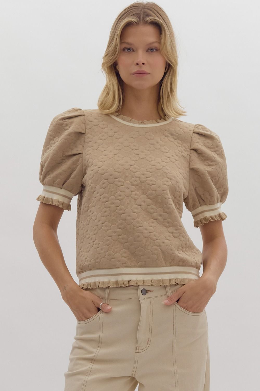 *Textured Floral Print Round Neck Puff Sleeve Top - Taupe