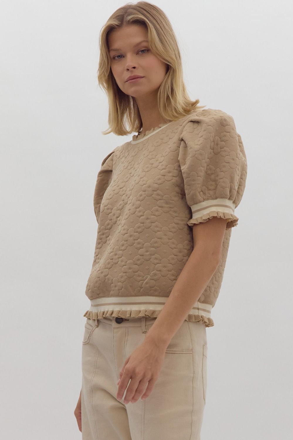 *Textured Floral Print Round Neck Puff Sleeve Top - Taupe