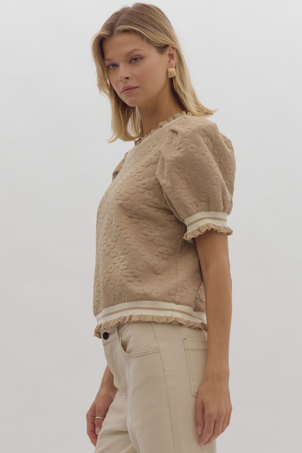 *Textured Floral Print Round Neck Puff Sleeve Top - Taupe