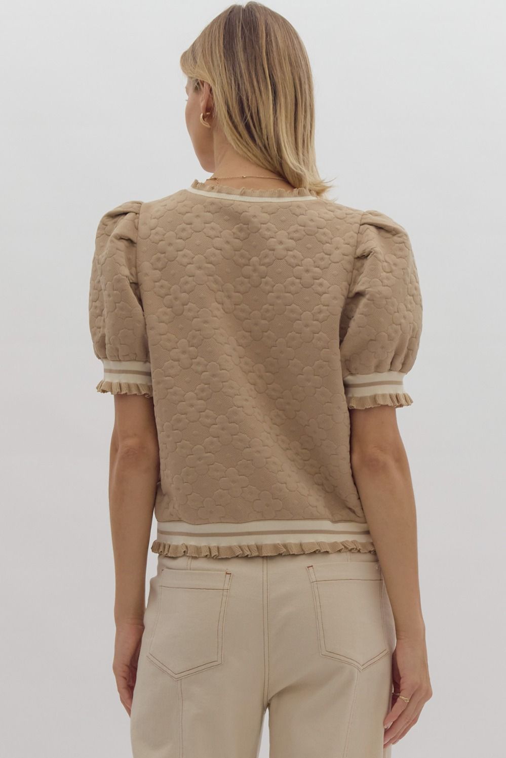 *Textured Floral Print Round Neck Puff Sleeve Top - Taupe