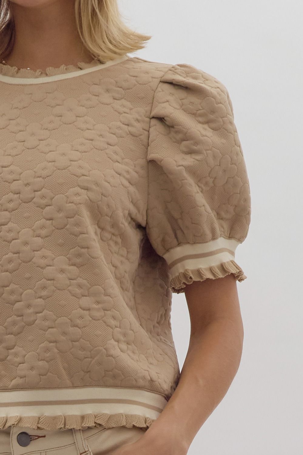 *Textured Floral Print Round Neck Puff Sleeve Top - Taupe