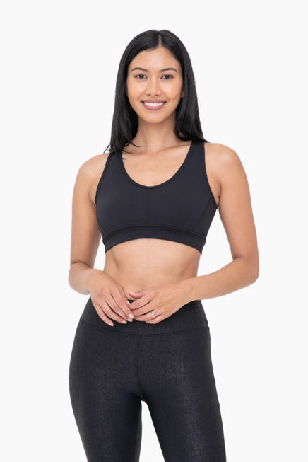 *BRONZE - NEWPORT CUTOUT OVERLAY BACK PERFORMACE SPORT BRA - BLACK