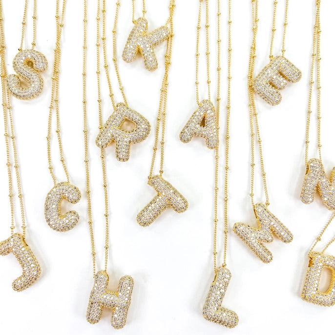 *Initial Cz Balloon Bubble 18K Gold Necklace