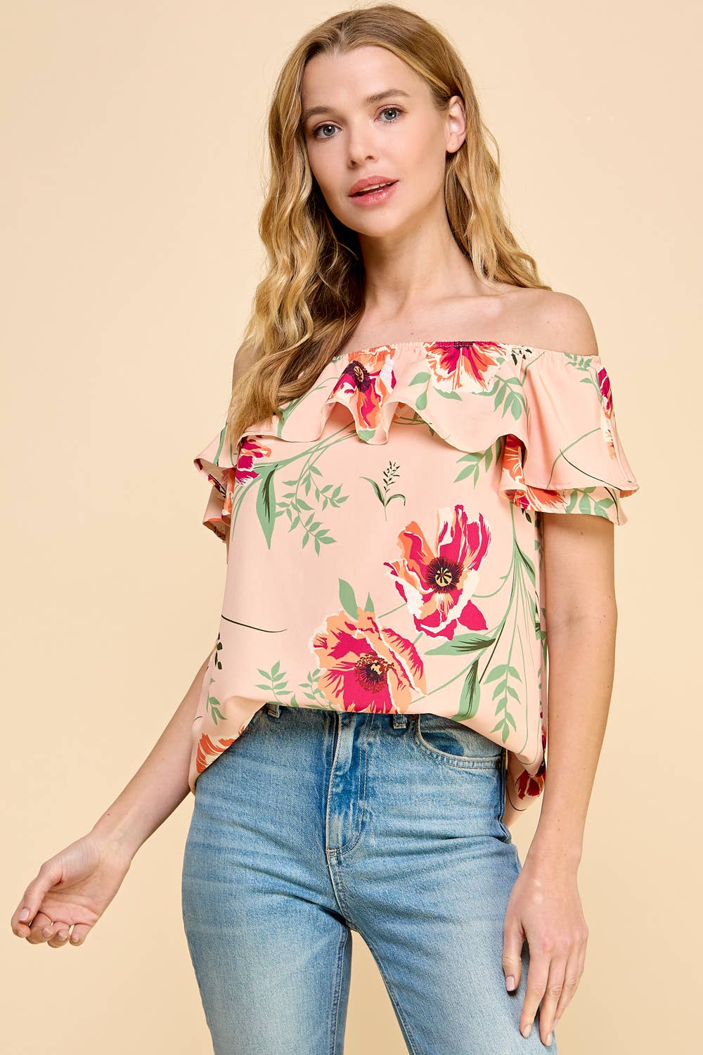 *Floral Printed Off Shoulder Top - Peach