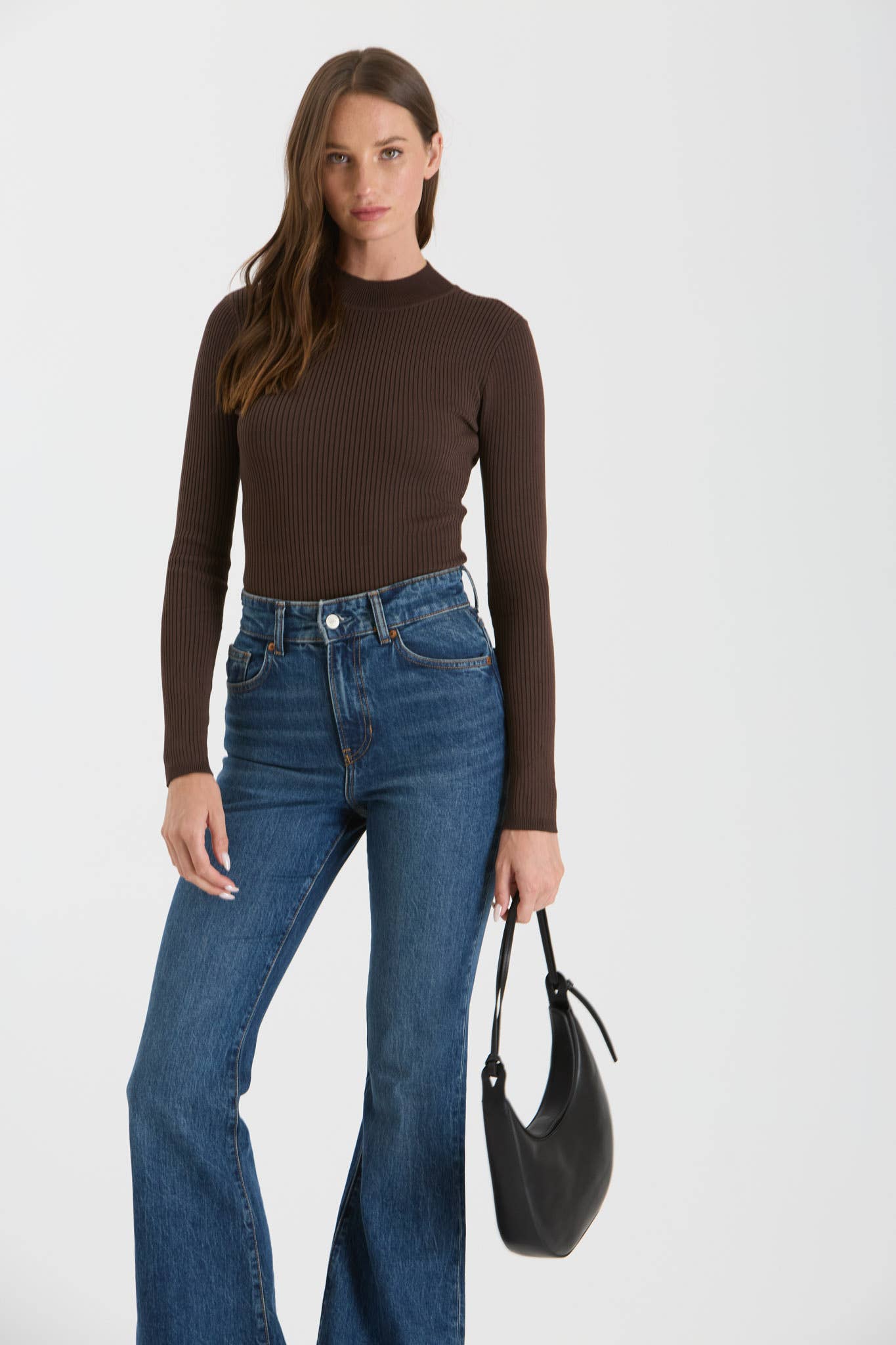 *HIGH NECK LONG SLEEVE RIBBED KNIT BODYSUIT - BROWN