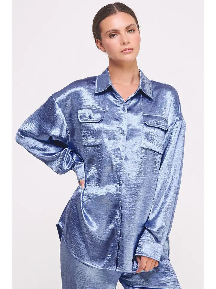 Metallic Set Button Down Shirt and Flared Wide-Leg Pant