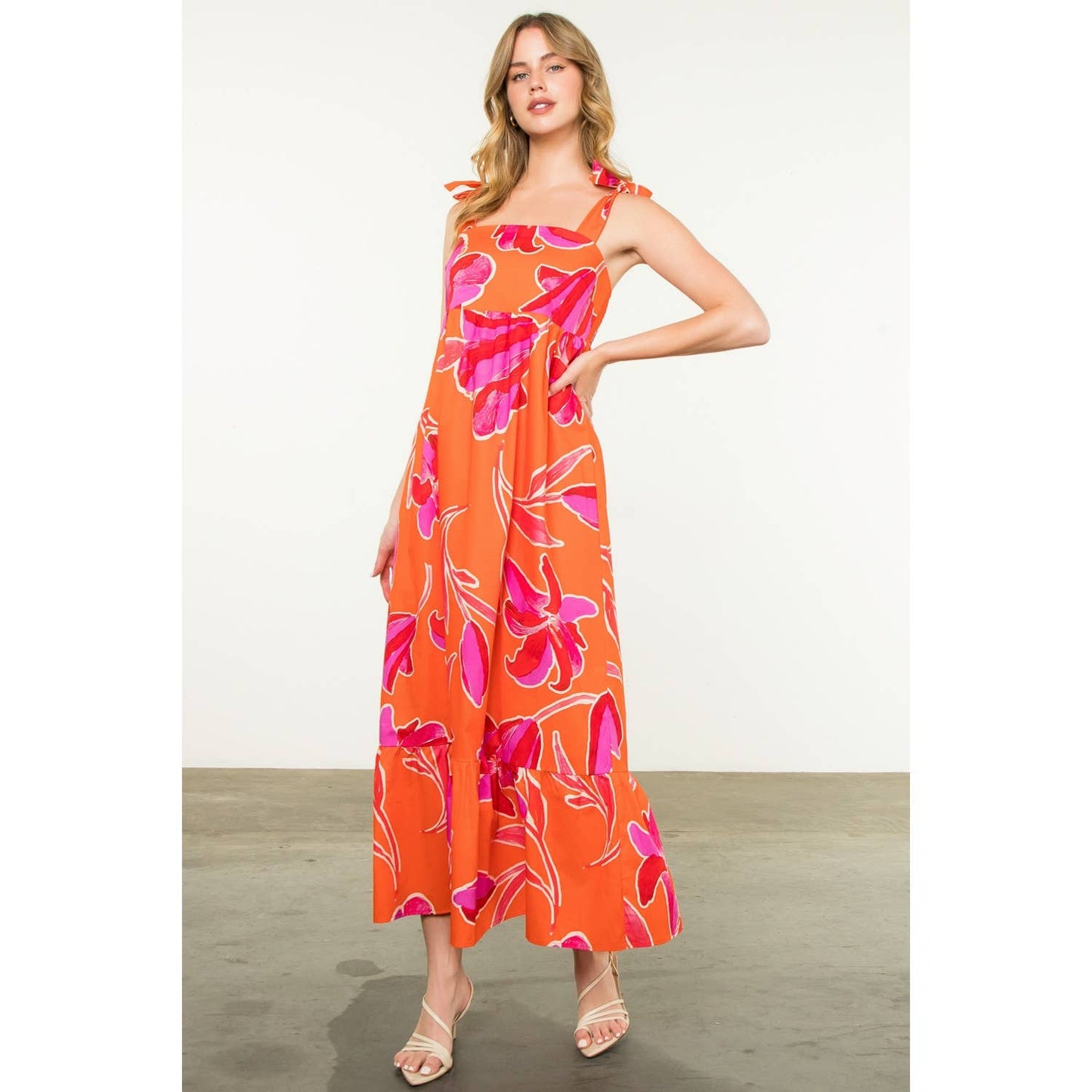 THML Tie Strap Floral Print Maxi Dress