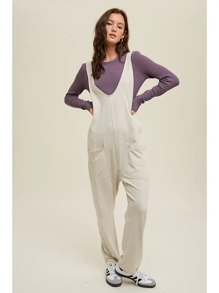 *ECRU KNIT OPEN BACK JUMPSUIT WITH POCKETS