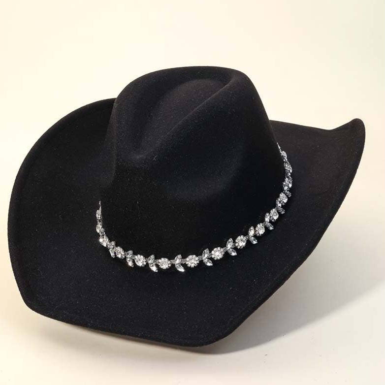 Ivory Flower Rhinestone Chain Strap Cowboy Hat