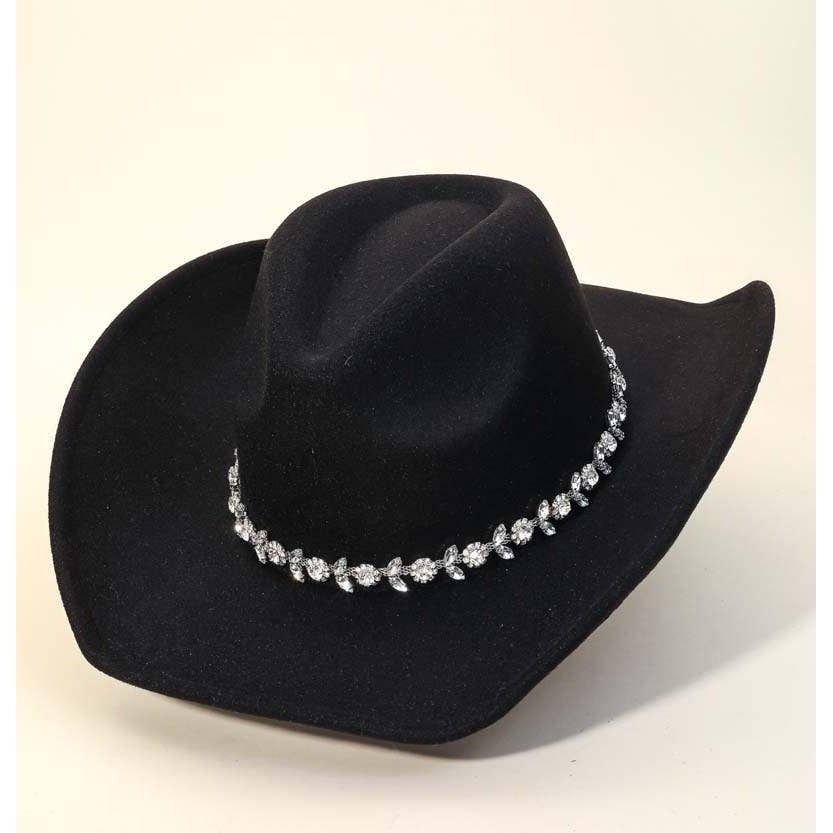 Black Flower Rhinestone Chain Strap Cowboy Hat