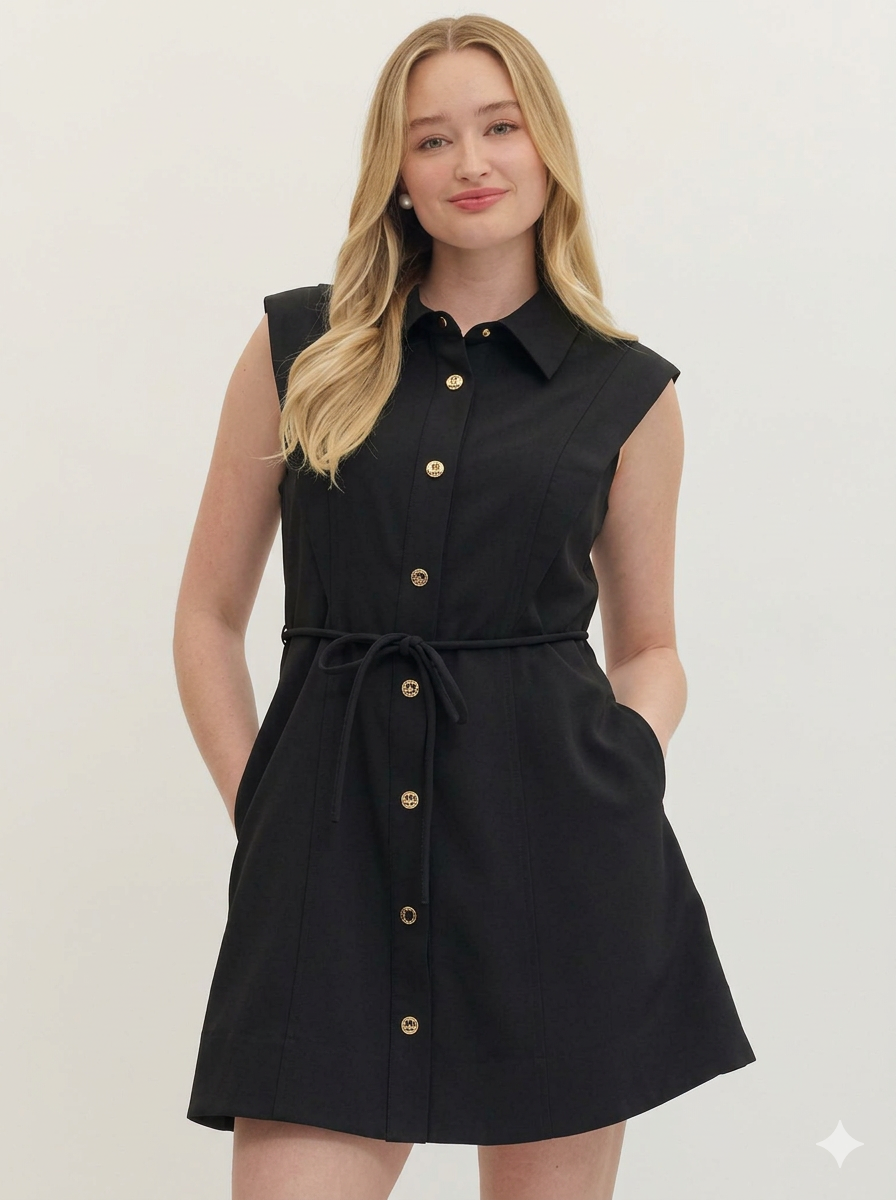 Gold button, Sleeveless, collared dress - Black