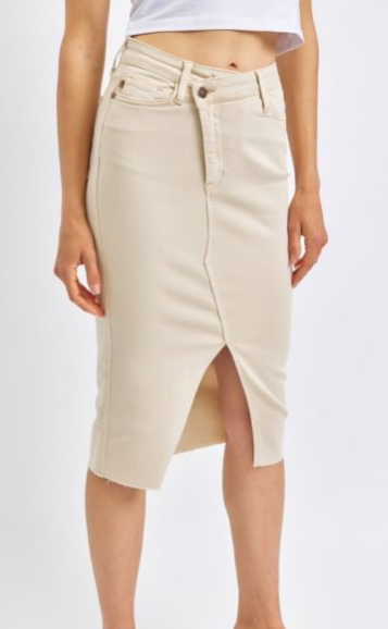 *JUDY BLUE HIGH WAISTED BONE WASH FRONT SLIT LONG SKIRT