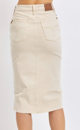 *JUDY BLUE HIGH WAISTED BONE WASH FRONT SLIT LONG SKIRT