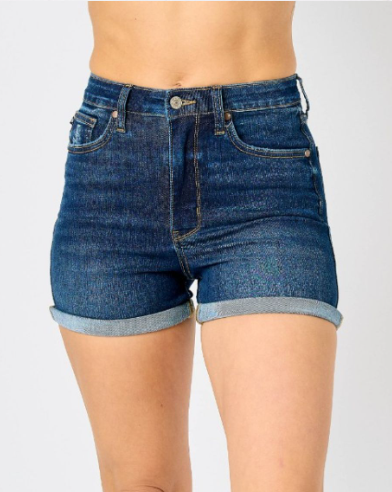 *JUDY BLUE - HIGH WAIST TUMMY CONTROL DENIM SHORTS - DARK