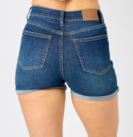 *JUDY BLUE - HIGH WAIST TUMMY CONTROL DENIM SHORTS - DARK