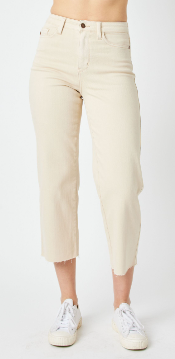 *JUDY BLUE - HIGH WAISTED GARMET DYED CROP WIDE LEG PANT - BONE