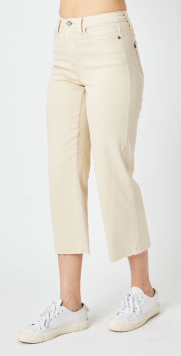 *JUDY BLUE - HIGH WAISTED GARMET DYED CROP WIDE LEG PANT - BONE