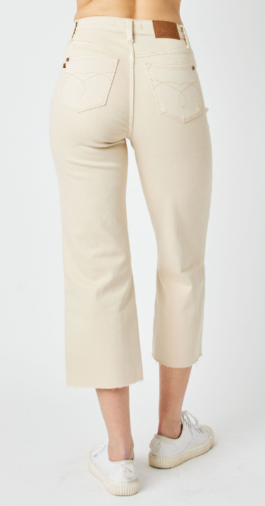 *JUDY BLUE - HIGH WAISTED GARMET DYED CROP WIDE LEG PANT - BONE