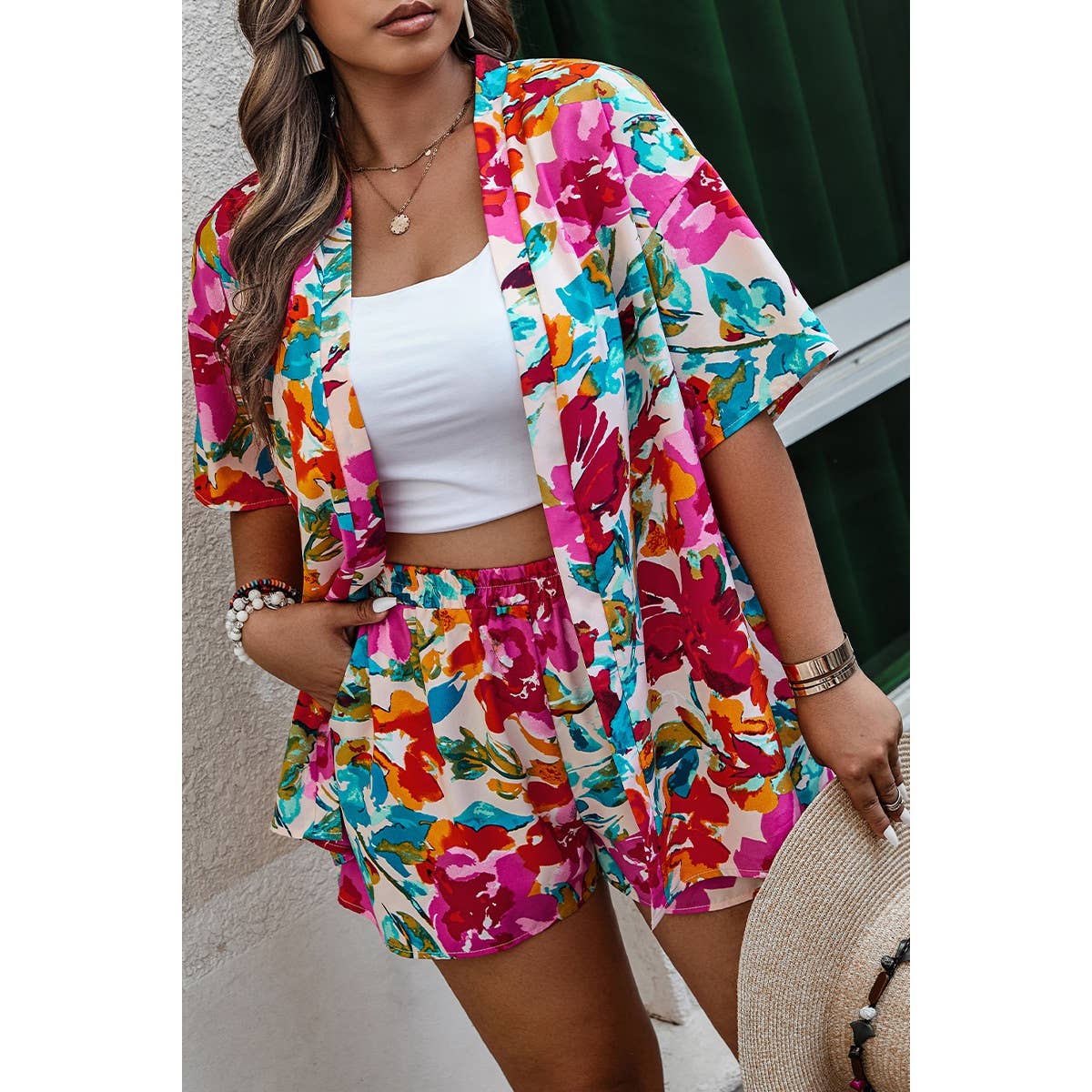 *Plus Size Floral Print Open Front Shorts Set