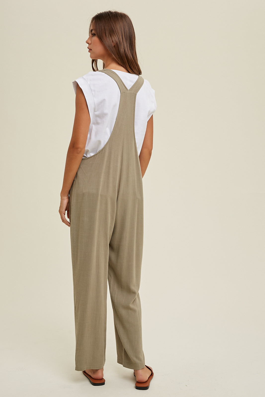 LINEN OVERALL WITH POCKETS - OLIVE