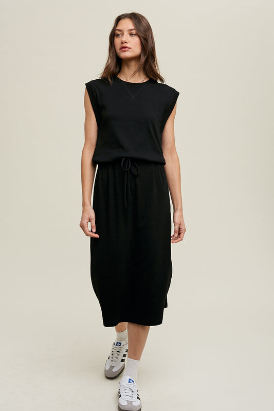 *MUSCLE KNIT MIDI DRESS WITH DRAWSTRING - BLACK
