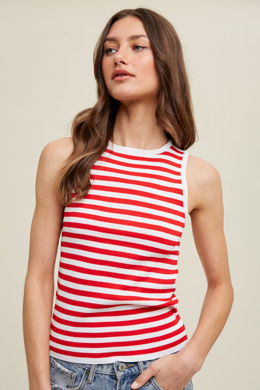 MULTI-STRIPED SWEATER TANK - WHITE/RED