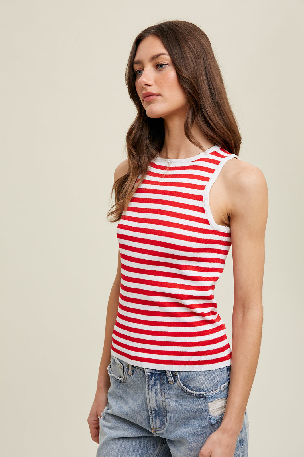 MULTI-STRIPED SWEATER TANK - WHITE/RED