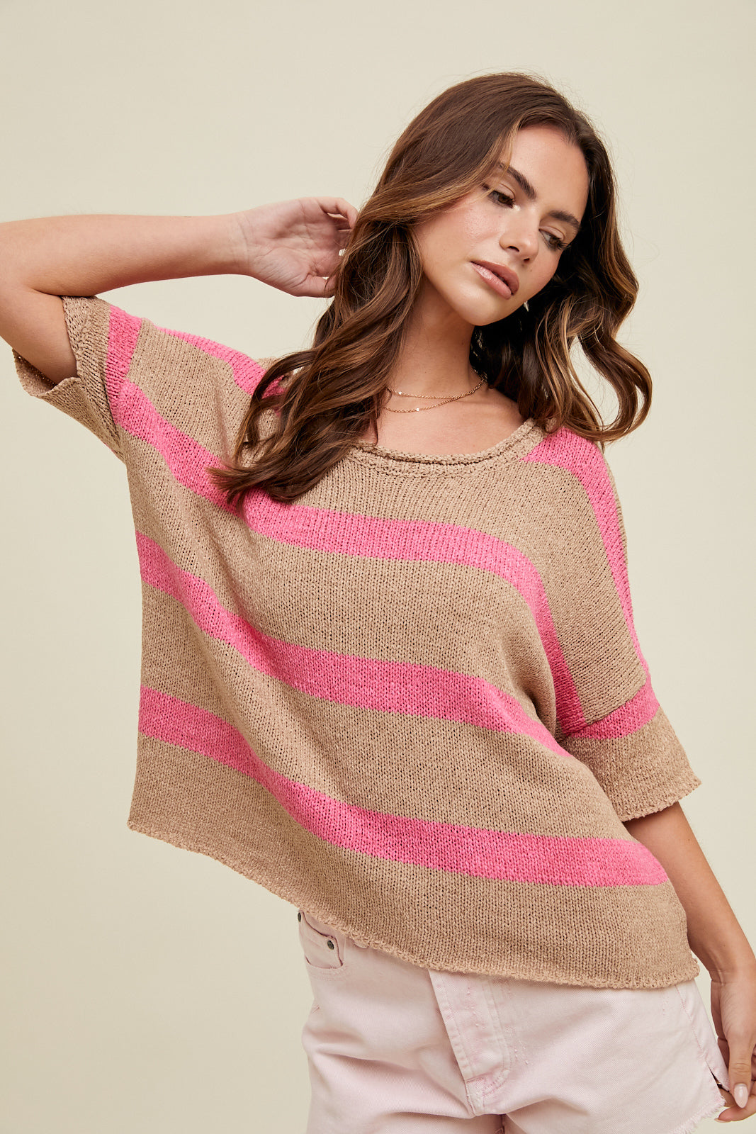 BOXY COLORBLOCK STRIPED SWEATER- MOCHA/PINK