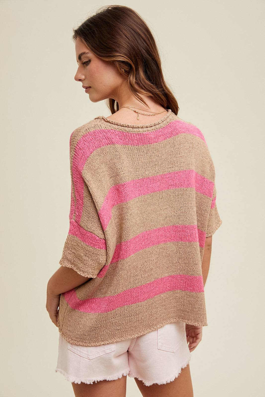 BOXY COLORBLOCK STRIPED SWEATER- MOCHA/PINK