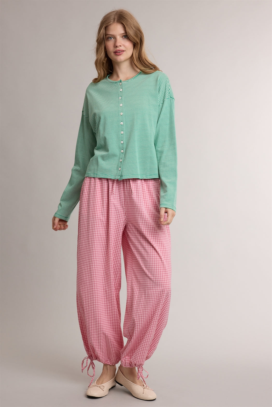 GINGHAM DRAWSTRING WIDE LEG JOGGER PANTS