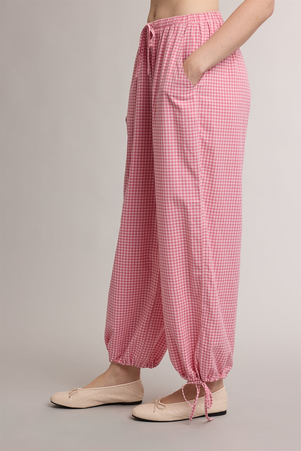 GINGHAM DRAWSTRING WIDE LEG JOGGER PANTS