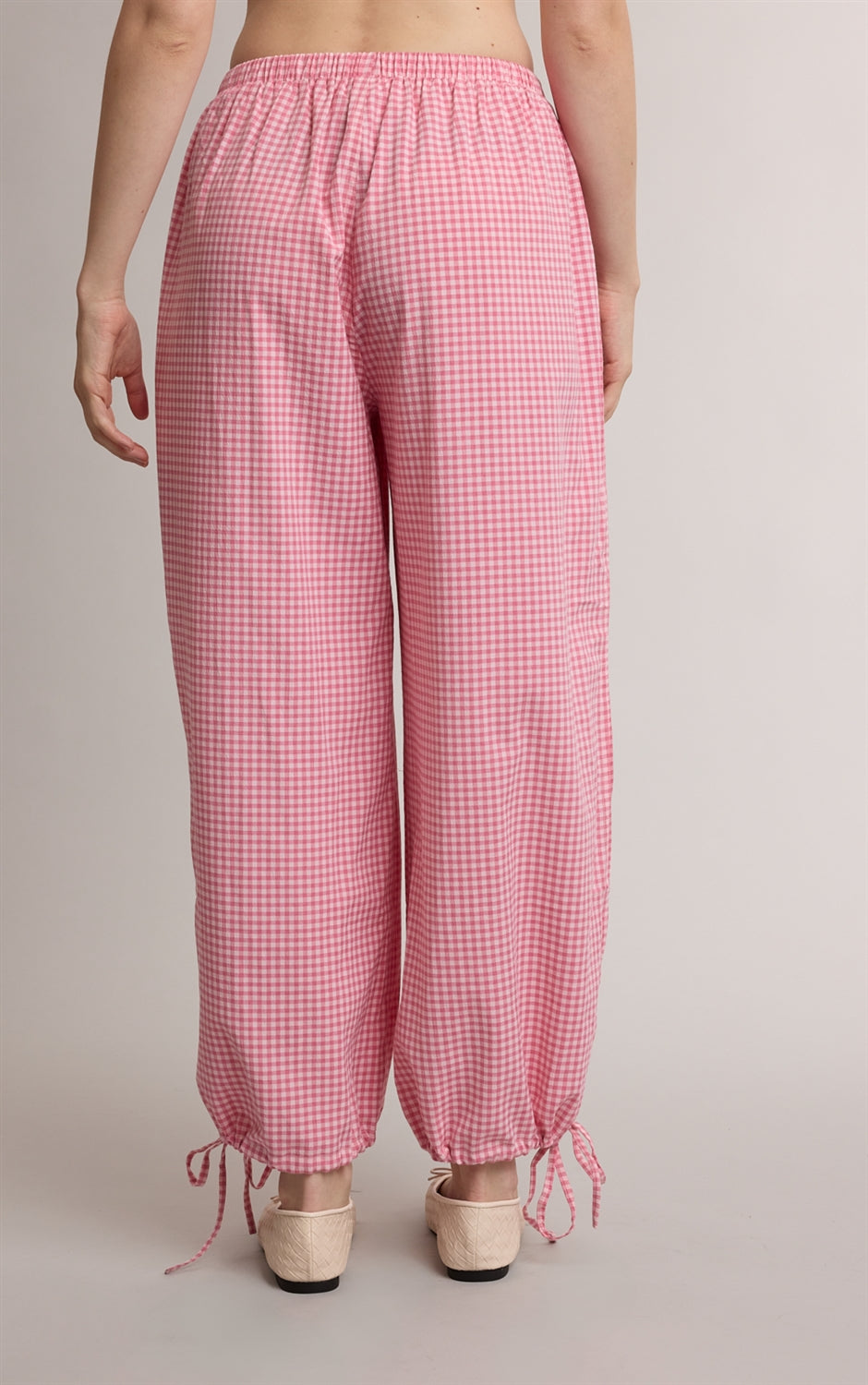 GINGHAM DRAWSTRING WIDE LEG JOGGER PANTS