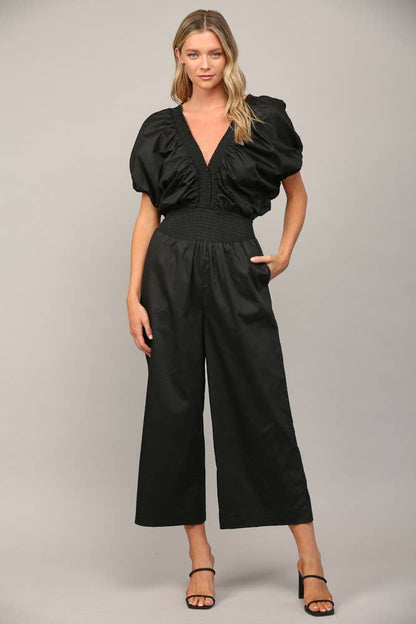 SMOCKED DETAIL OPEN TIE BACK JUMPSUIT