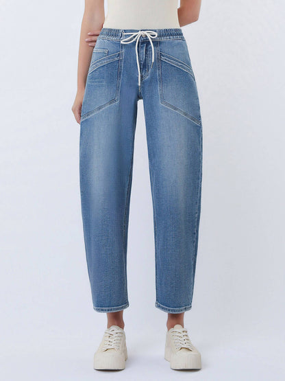 HIGH RISE ELASTIC WAISTBAND WIDE BARREL JEANS