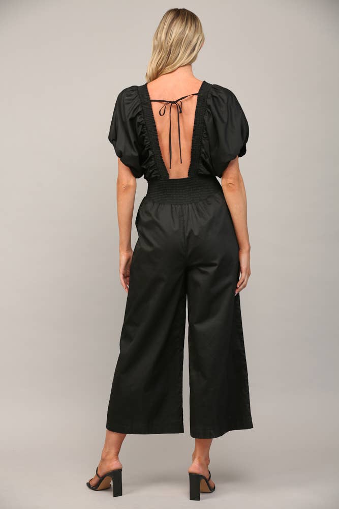 SMOCKED DETAIL OPEN TIE BACK JUMPSUIT