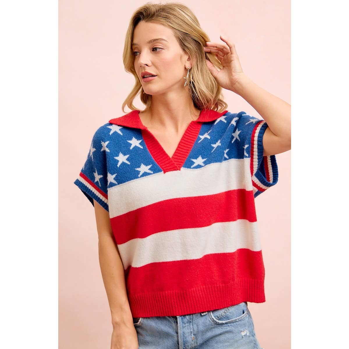 4TH OF JULY STAR STRIPED SLEEVELESS COLLAR KNIT TOP
