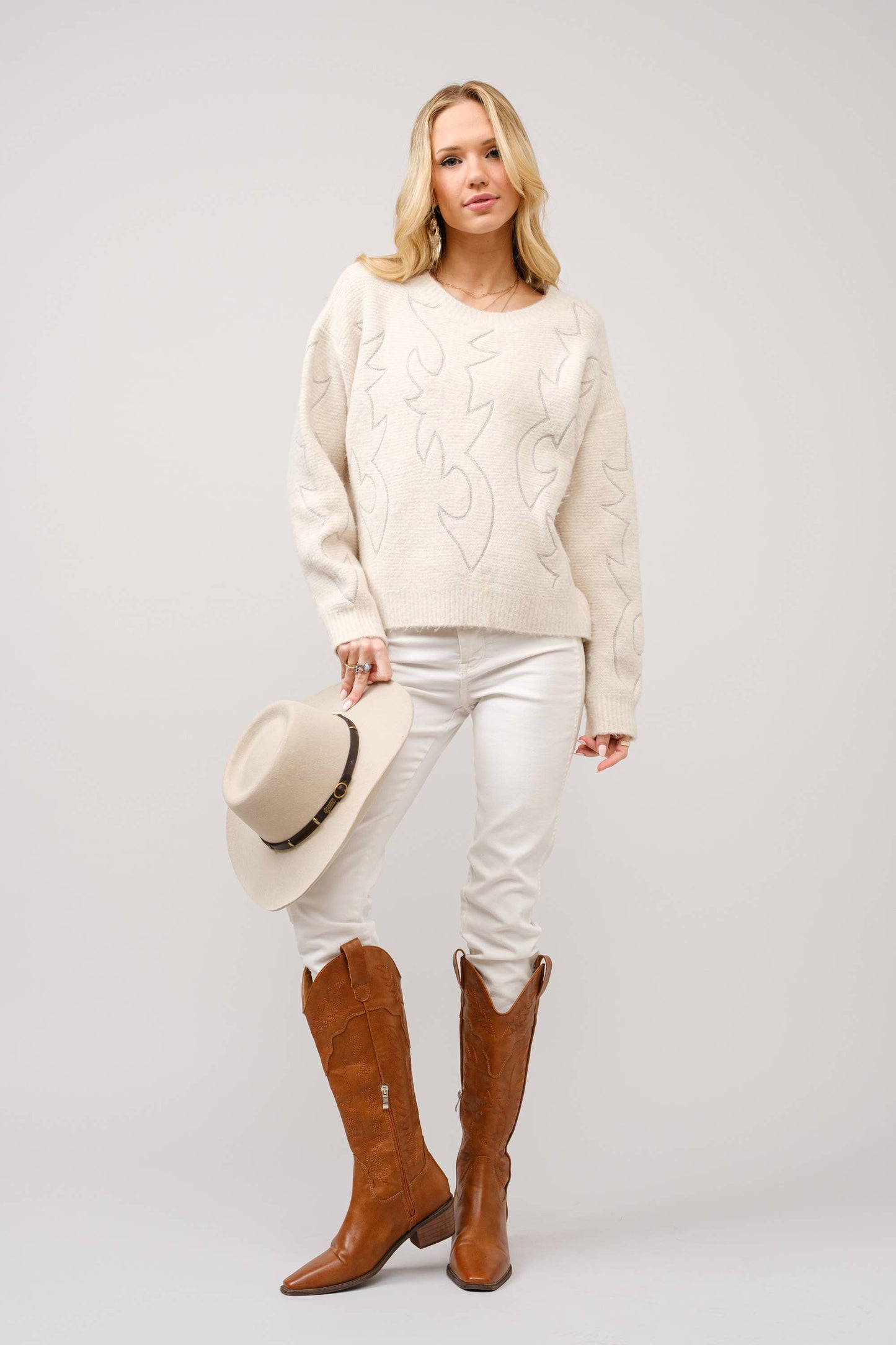 Western Boots Stitch Pattern Crew Neck Sweater