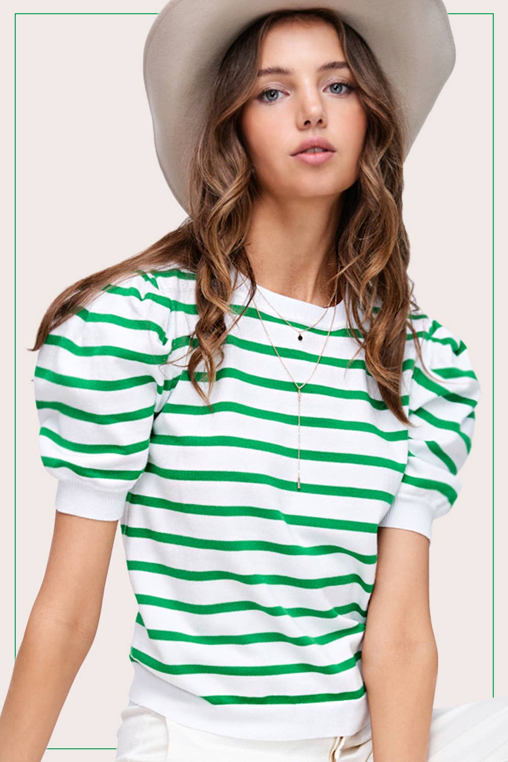 *Puff  Short Sleeve Spring Summer Stripe Top - Apple Green