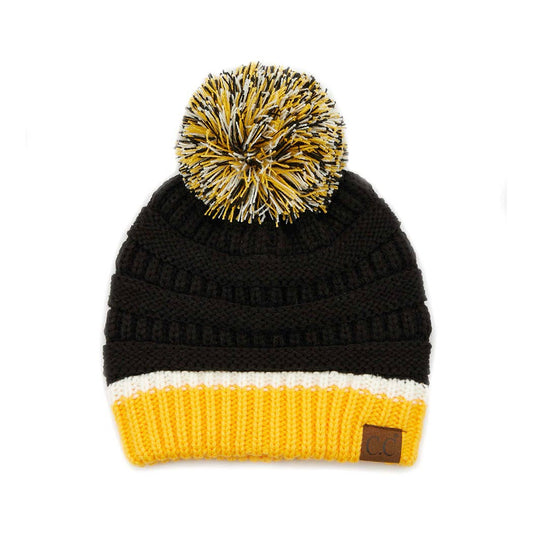 Black and Yellow - Colorblock Ribbed Beanie with Pom Pom