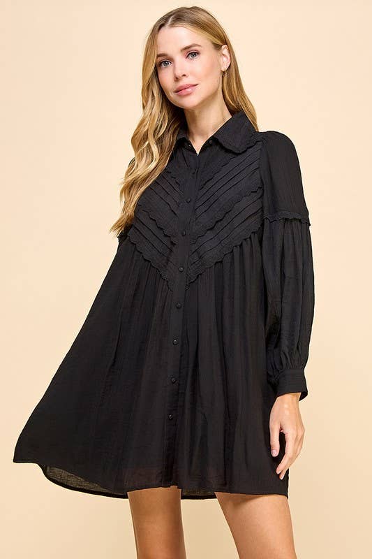 Pleated Top Button Down Shift Dress